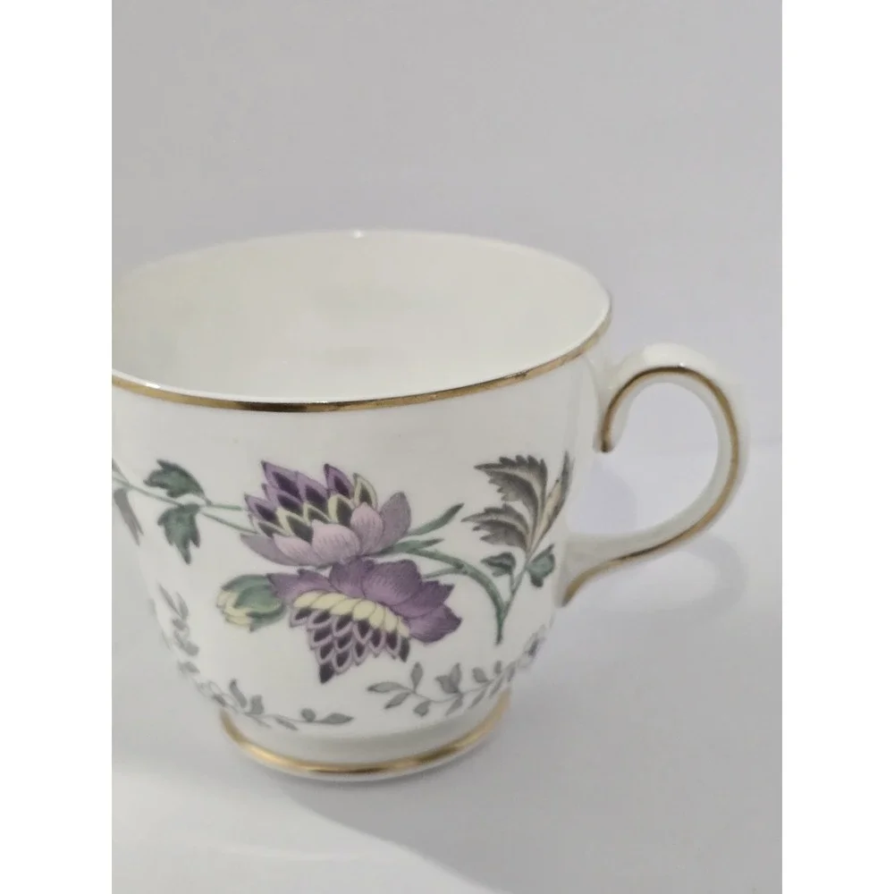 Wedgwood Avon Bone China Floral Gold Trim Cup & Saucer England Purple Floral